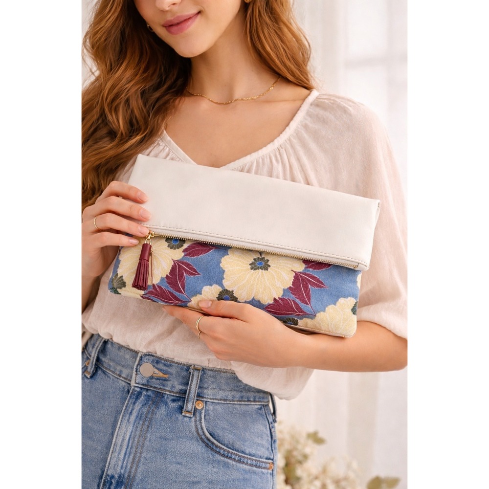Rachel‎ Pally Anthropologie Reversible Floral Foldover Clutch Pouch Tassel Zip
